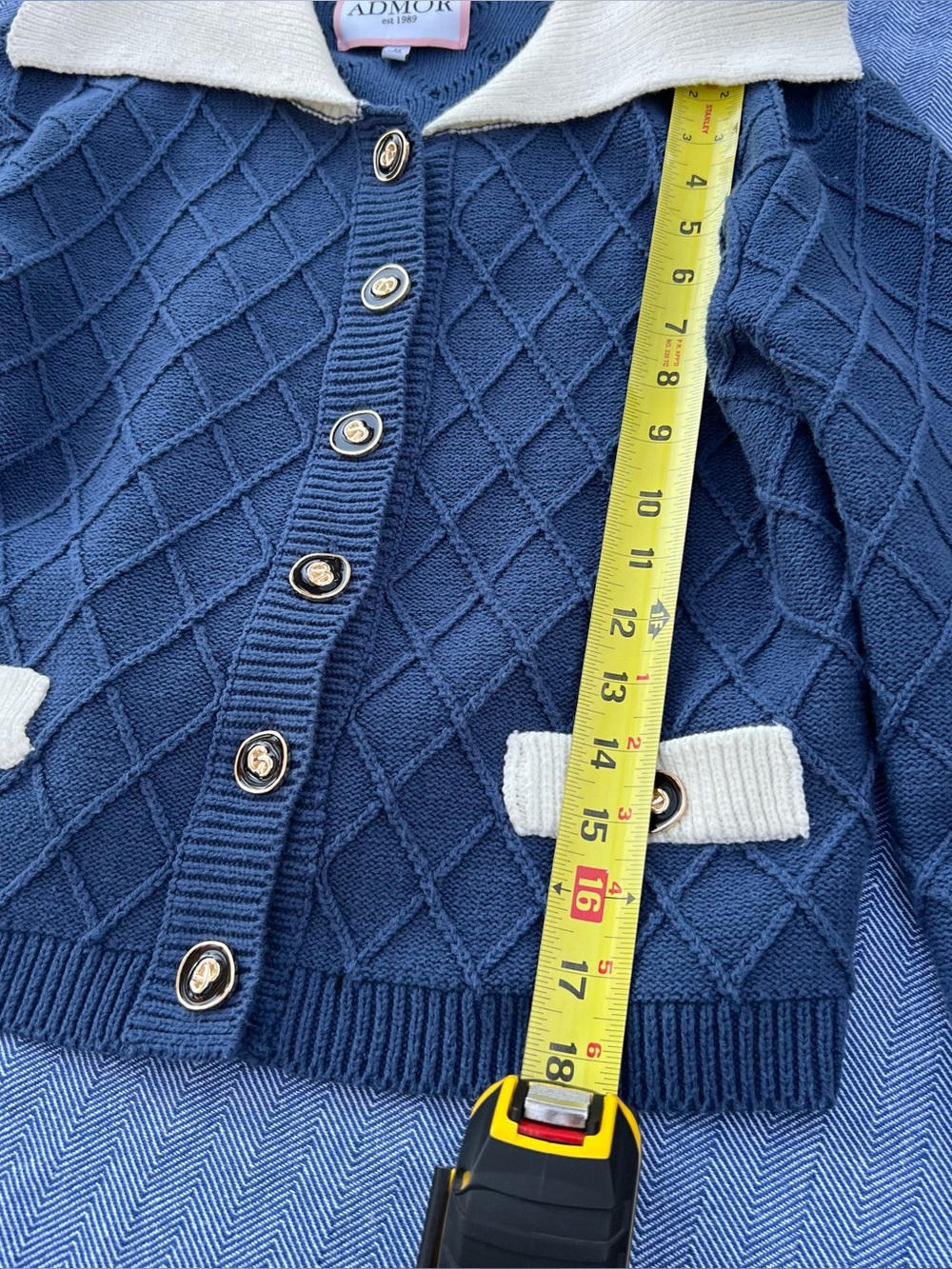 Alexia Admor Navy Cardigan with White Collar and Pocket Trim - Picture 3 of 8